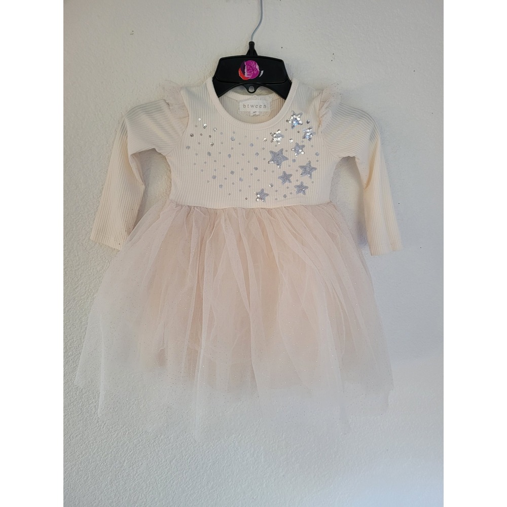 btween Toddler Girls Cream Tulle Star Sequin Dress 2T‎ Sparkles Long Sleeve #8